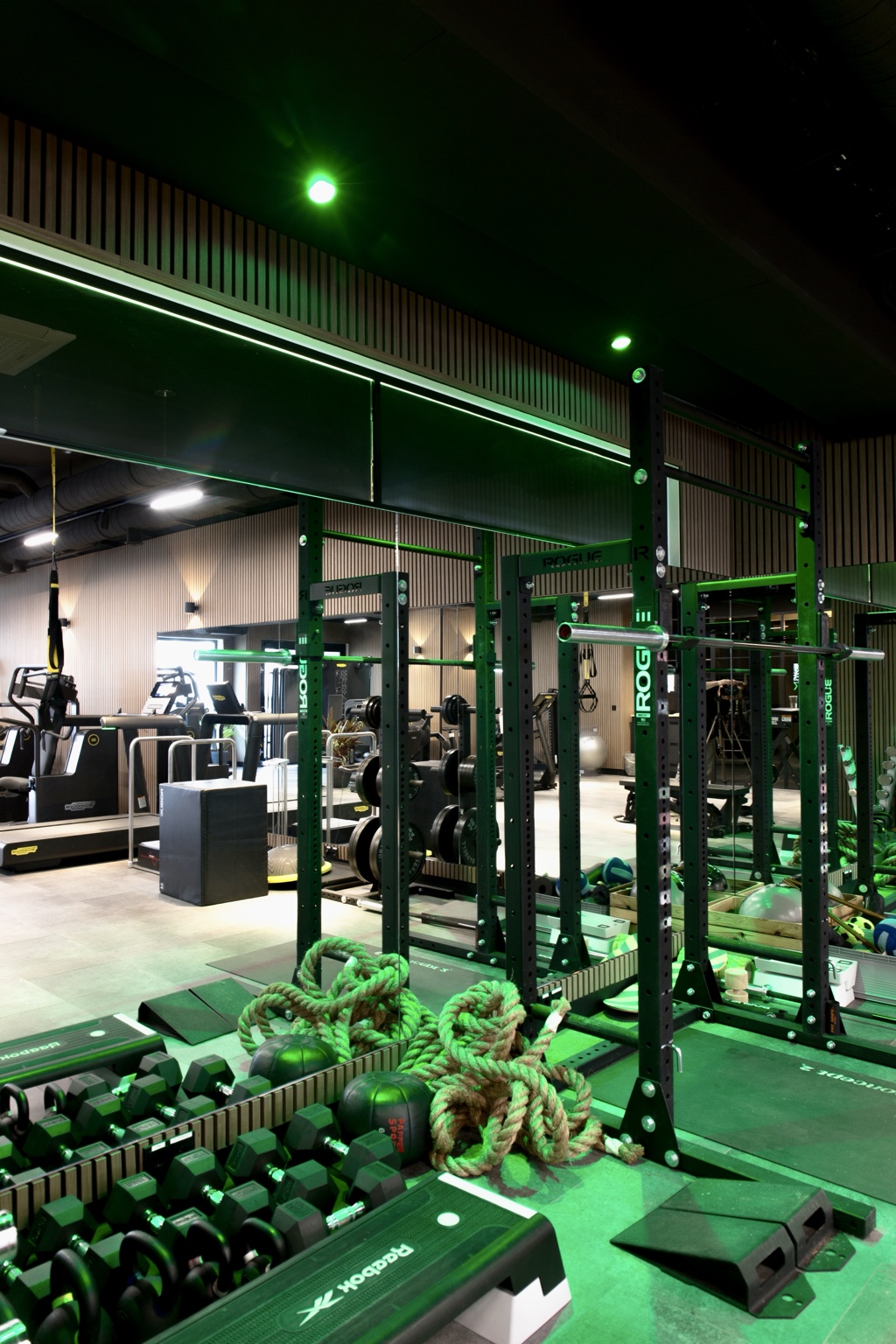 Fitnessbereich mit dynamischer grüner RGB-Akzentbeleuchtung